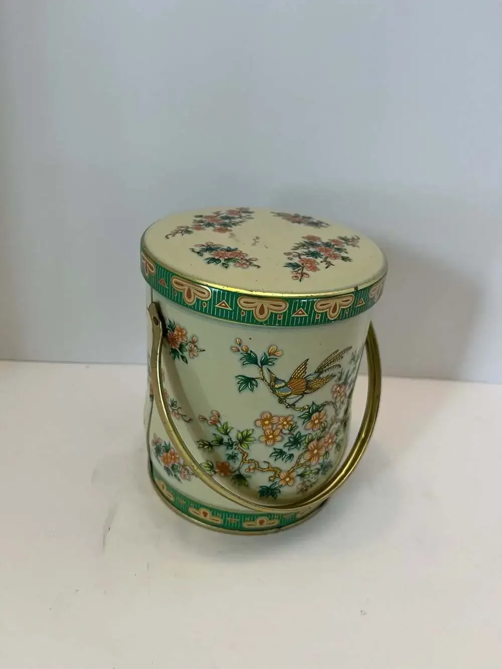 Vintage Daher England Bird Floral Metal Tin Canister w/ Lid Handle Round